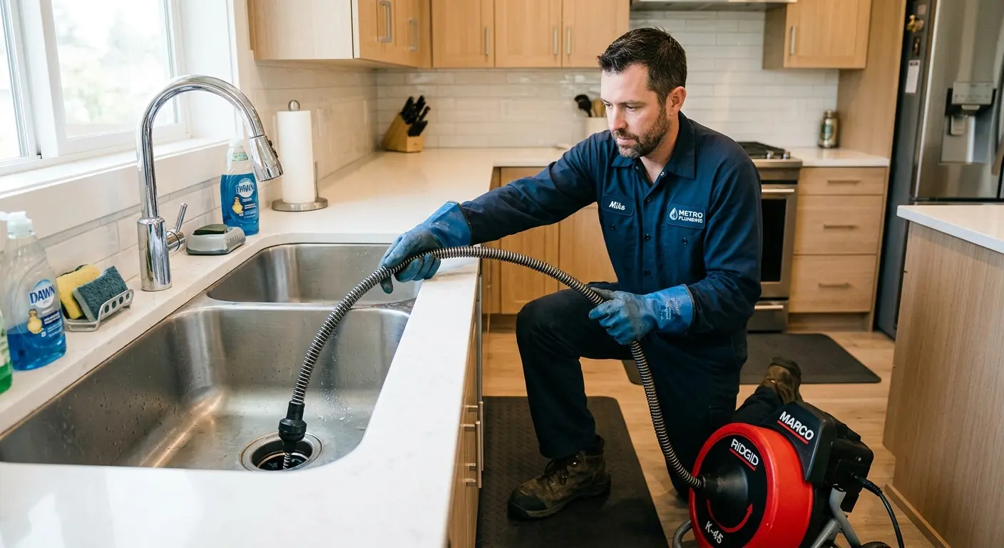 Drain cleaning technician using a motorized snake on a kitchen sink in Lancaster