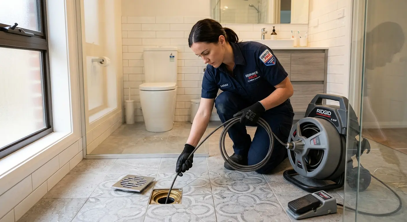 Technician clearing a bathroom floor drain for Drain Cleaning in Lancaster